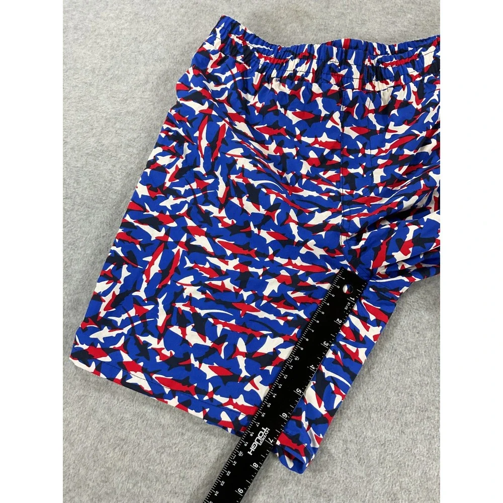 Columbia PFG Mens Shark Print Swim Trunks Red White Blue L 14/16 Omni-Shade 2655